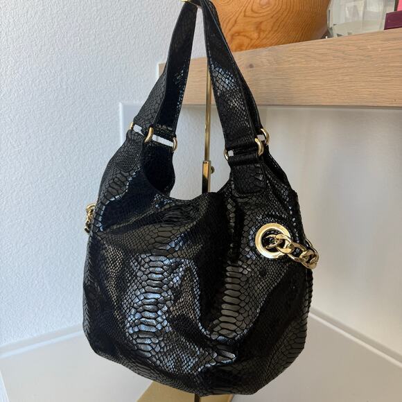 MICHAEL Michael Kors Snakeskin Patent Leather Shoulder Bag Black Gold Chain Glam - Picture 4 of 14